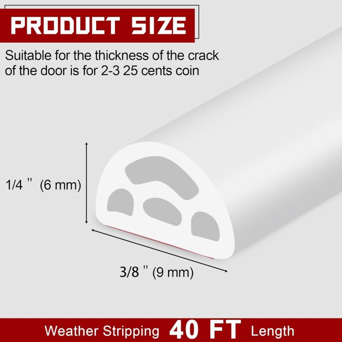 Door & Window Seal Strip, Self-Adhesive Soundproof  Stripping with Edge Insulation, White 40Ft (1/4" x 3/8") - Image 2