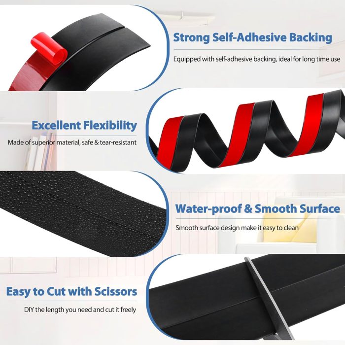 Stripping Door Draft Stopper Flexible Self Adhesive Silicone Door Seal Strip for Glass Doors Windows and Shower Glass Gaps, 2 Inch Wide X 10 Feet Long, Black - Image 2